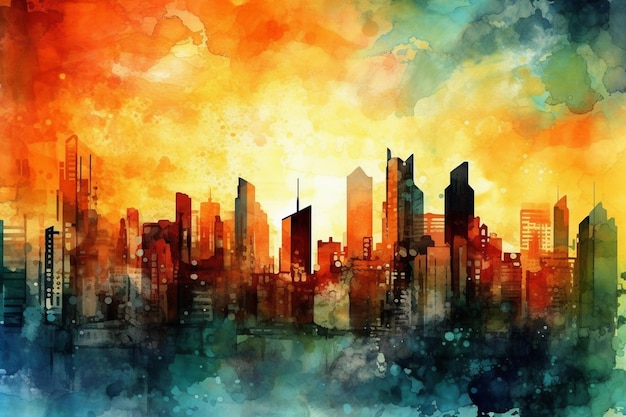 Un dipinto di un paesaggio urbano con un cielo colorato e la parola manila su di esso.