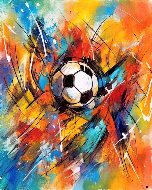 Un dipinto di un pallone da calcio con uno sfondo colorato.