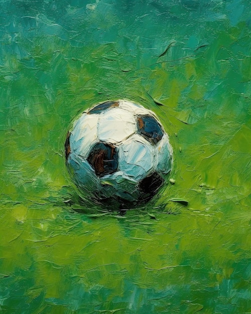 Un dipinto di un pallone da calcio su un campo verde.