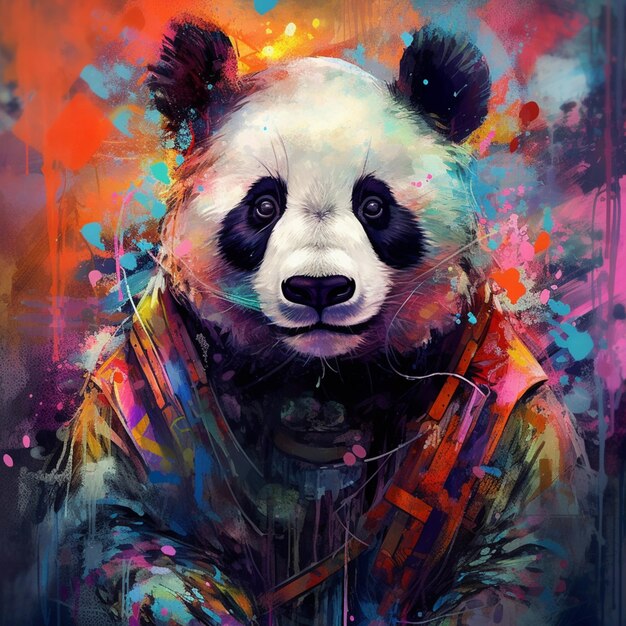 Un dipinto di un panda con una giacca rossa e blu.