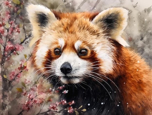 Un dipinto di un panda rosso con fiori rosa