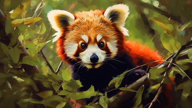 Un dipinto di un panda rosso su un albero.