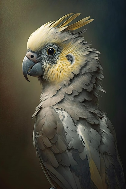 Un dipinto di un pappagallo con la testa gialla e il naso nero.