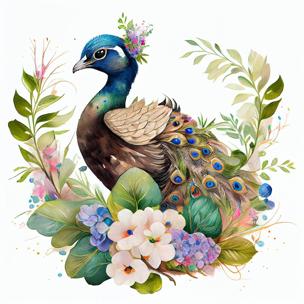 Un dipinto di un pavone con fiori e foglie