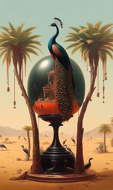 Un dipinto di un pavone su un piedistallo con palme sullo sfondo.