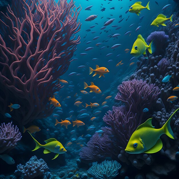 Un dipinto di un pesce che nuota in una barriera corallina