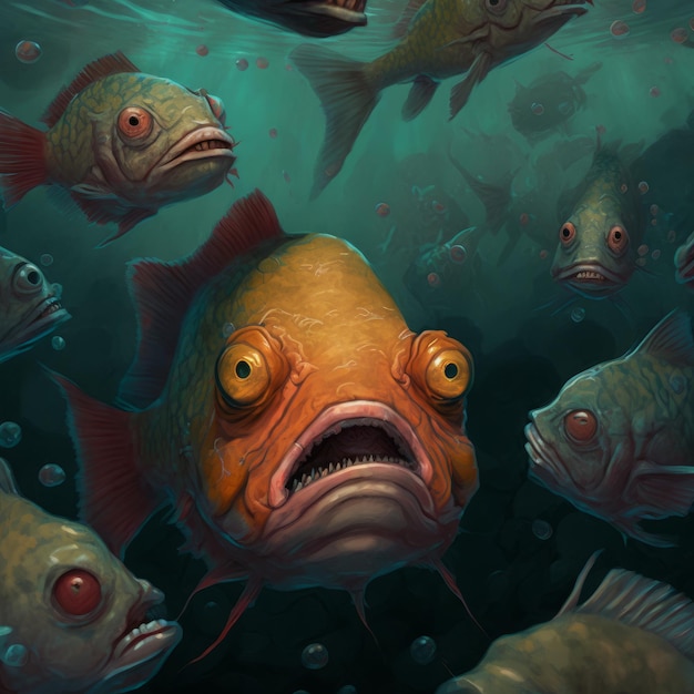Un dipinto di un pesce con occhi rossi e occhi gialli.