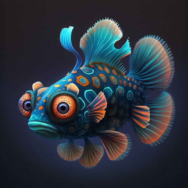 Un dipinto di un pesce con punti blu e arancioni e uno sfondo nero.