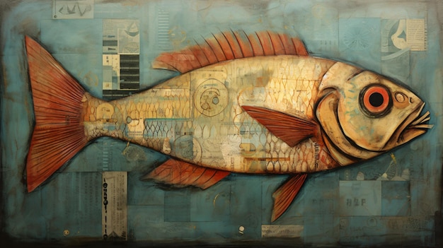 Un dipinto di un pesce con sopra la scritta "pesce".