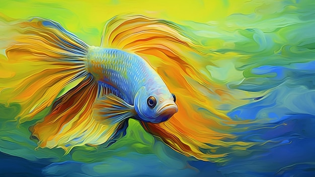 Un dipinto di un pesce dai colori giallo e blu.