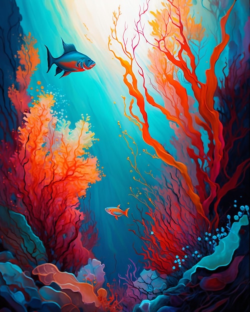 Un dipinto di un pesce e coralli