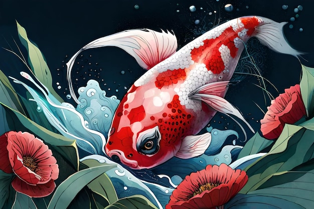 Un dipinto di un pesce koi con fiori e foglie