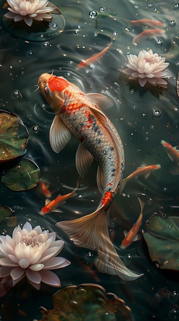 Un dipinto di un pesce koi e di gigli d'acqua