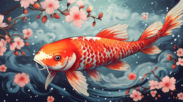 Un dipinto di un pesce koi rosso in uno stagno con fiori rosa.