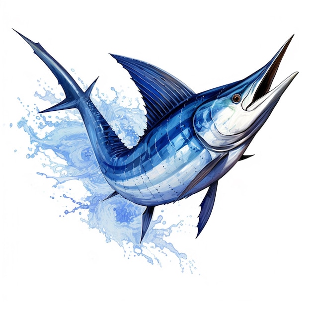 Un dipinto di un pesce marlin blu con macchie blu e arancioni