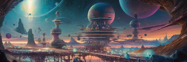 Un dipinto di un pianeta con un pianeta sullo sfondo
