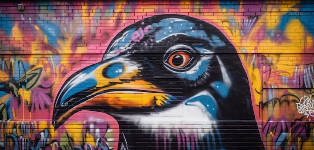 Un dipinto di un pinguino con un becco blu è sulla porta di un garage.