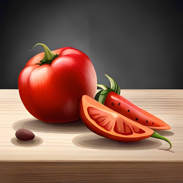 Un dipinto di un pomodoro e una fetta di pomodoro su un tavolo di legno.