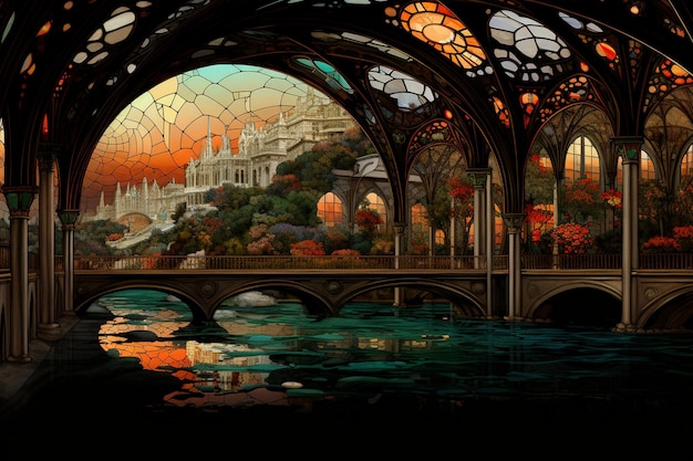un dipinto di un ponte con un ponte e un ponte sullo sfondo.
