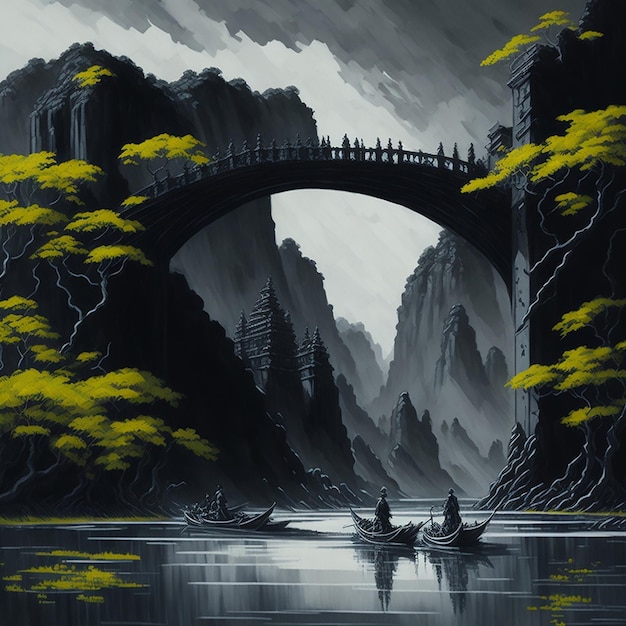 Un dipinto di un ponte con un ponte su un fiume e una montagna sullo sfondo.