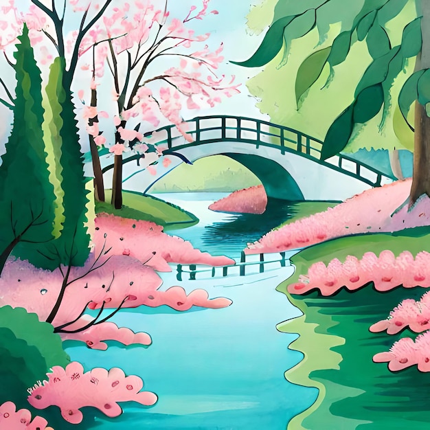 Un dipinto di un ponte con un ponte sullo sfondo