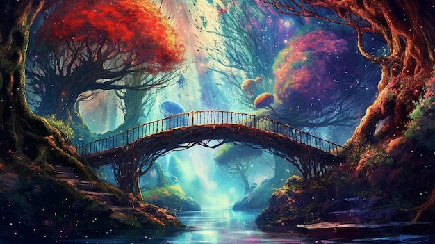 un dipinto di un ponte su un fiume in una foresta generativa ai