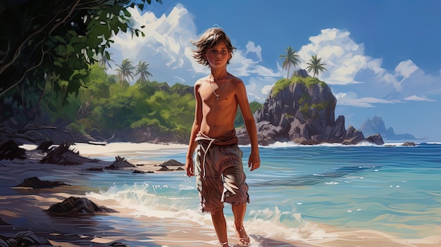 un dipinto di un ragazzo che cammina su una spiaggia con una palma sullo sfondo.