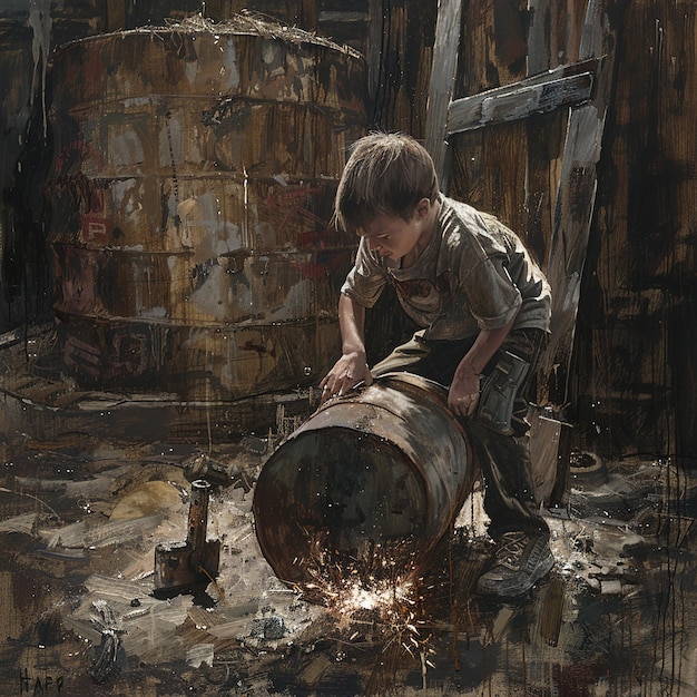 un dipinto di un ragazzo che lavora con un barile che dice la parola su di esso