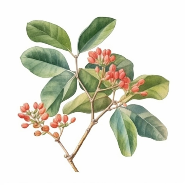 Un dipinto di un ramo con bacche rosse e foglie verdi generativo ai