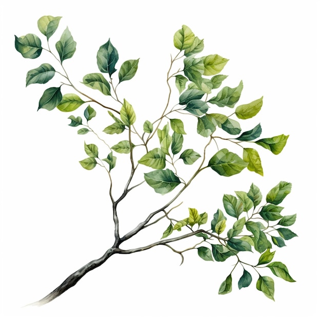 un dipinto di un ramo con foglie verdi e uno sfondo bianco generativo ai
