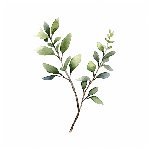 un dipinto di un ramo con foglie verdi su uno sfondo bianco