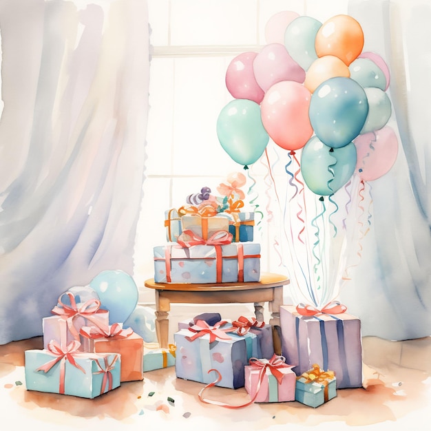 un dipinto di un regalo di compleanno con palloncini e una scatola di palloncini