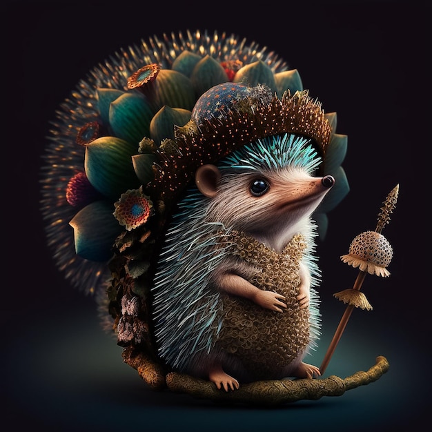 Un dipinto di un riccio con sopra un cappello e un fungo.