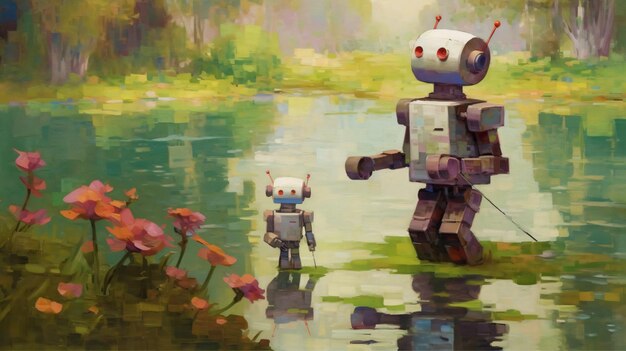 Un dipinto di un robot con gli occhi rossi e un fiore nell'acqua.