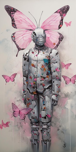 Un dipinto di un robot con sopra delle farfalle rosa