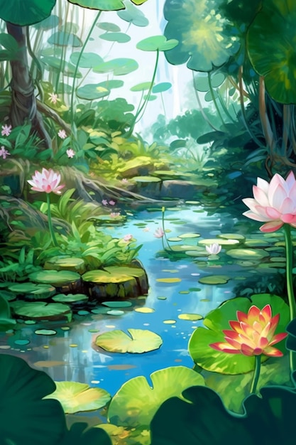Un dipinto di un ruscello con un fiore di loto al centro.