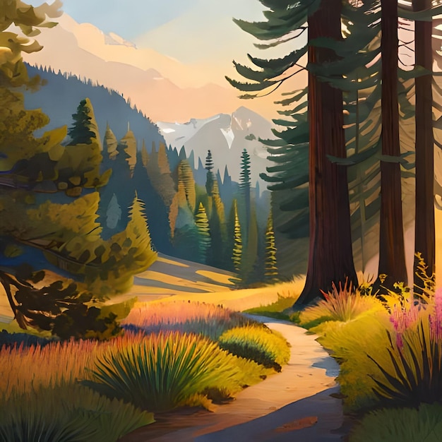 Un dipinto di un sentiero attraverso una foresta con montagne sullo sfondo