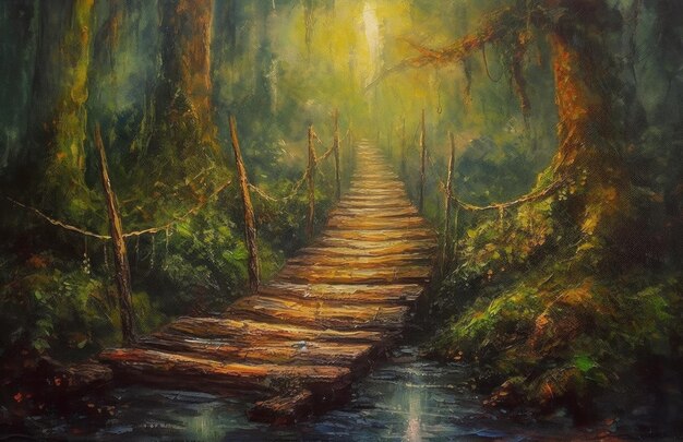 Un dipinto di un sentiero che conduce a un ruscello con un ponte sullo sfondo.