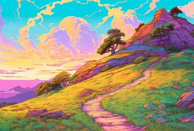 Un dipinto di un sentiero che conduce a una montagna con un albero in cima ai generativo