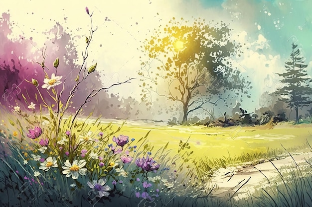 Un dipinto di un sentiero in un campo di fiori.