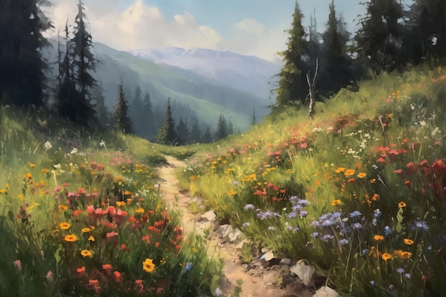 Un dipinto di un sentiero in un paesaggio di montagna con fiori e alberi.