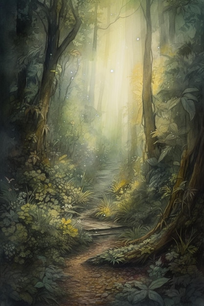 Un dipinto di un sentiero in una foresta con il sole che splende su di esso.