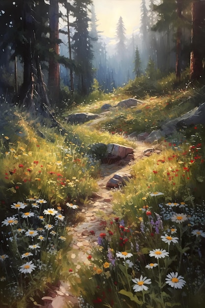 Un dipinto di un sentiero nella foresta con fiori di campo.