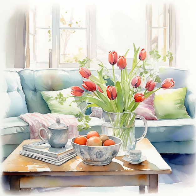 un dipinto di un soggiorno con un vaso di tulipani e un vaso di fiori