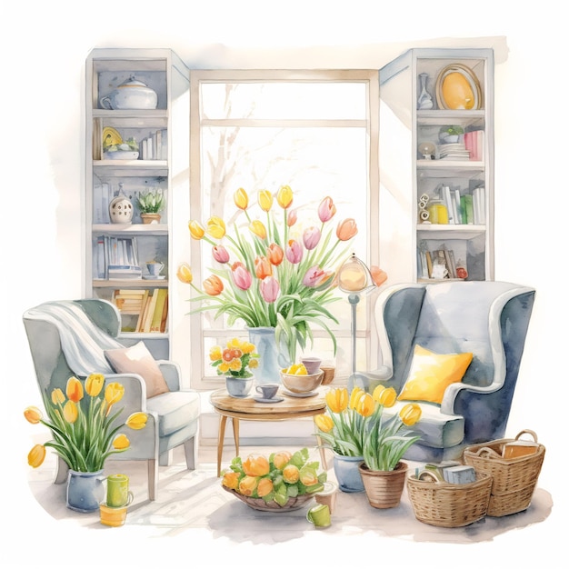 un dipinto di un soggiorno con un vaso di tulipani e una finestra