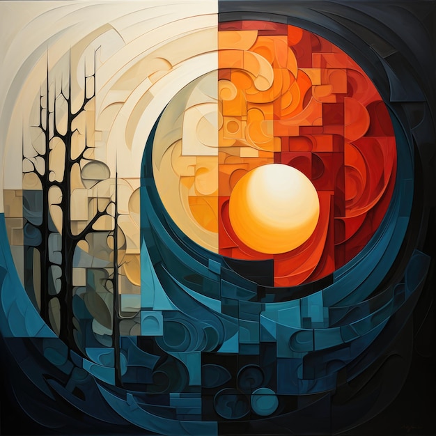 Un dipinto di un sole e di un albero IA generativa Surreale stravagante composizione del cerchio del paesaggio