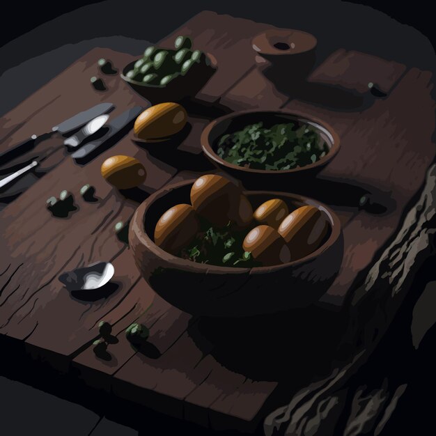 Un dipinto di un tavolo con ciotole di cibo e un coltello.