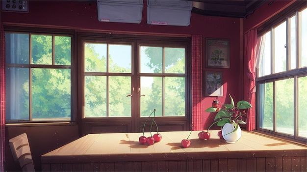 Un dipinto di un tavolo in una stanza rossa con sopra un vaso di ciliegie.