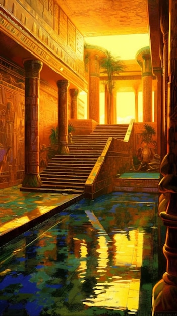 Un dipinto di un tempio con il sole che splende sul fondo.