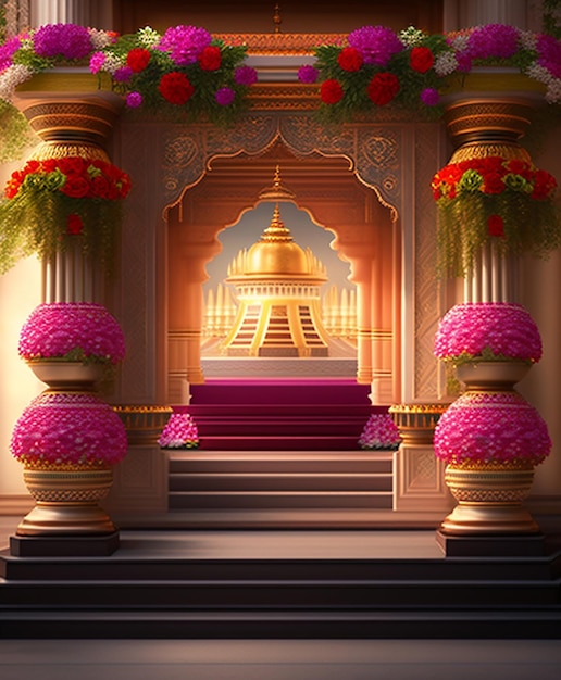 Un dipinto di un tempio con un grande pilastro con sopra dei fiori rosa.